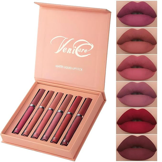 VeniCare 6Pcs Matte Liquid Lipstick Makeup Set, Matte liquid Long-Lasting Wear Non-Stick Cup Not Fade Waterproof Lip Gloss (Set A)