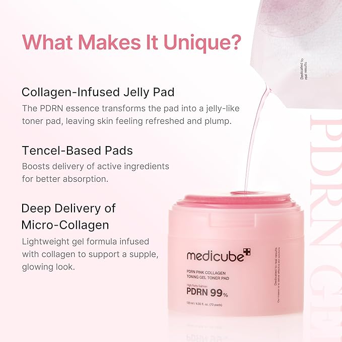medicube Toner Pads Salmon DNA PDRN Pink Collagen Jelly Pad | Korean Gel Toner Pad | Niacinamide, Madecassoside, Retinol | Soothing, Radiance, Uneven Skin Tone | Korean Skin Care | 70 Pads (1 Pack)