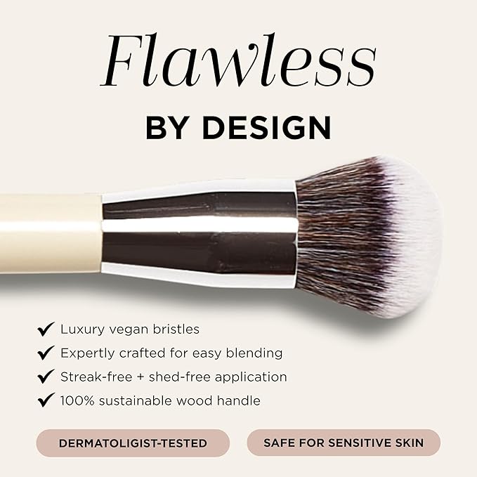 HALEYS Kabuki Makeup Brush + 6 Free Mini Skin Tint Foundations – Vegan Blending Brush for Liquid, Cream & Powder, Flawless Airbrushed Base Kit for Travel and Gifting