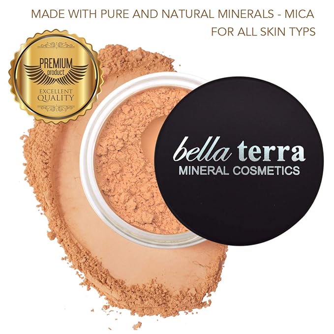 BellaTerra Cosmetics Mineral Powder Foundation – Latte | Medium Warm Shade | Smooth Matte Mineral Formula with Buildable Coverage for Balanced Complexions 9g