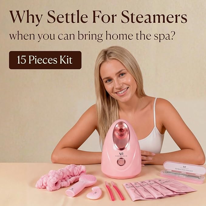 VogueNow Facial Steamer Spa Kit with Complimentary 15 Skin Care Tools | Face Steamer for Facial Deep Cleaning with Humidifier Mode | Self Care Gifts for Women, Spa Gifts, Birthday Gifts for Women