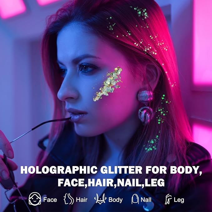 24 Colors Glitter UV Glow in The Dark Gel for Body Face Hair Eyeshadow,UV Black Light Makeup Glitter for Raves Festivals Carnival Party