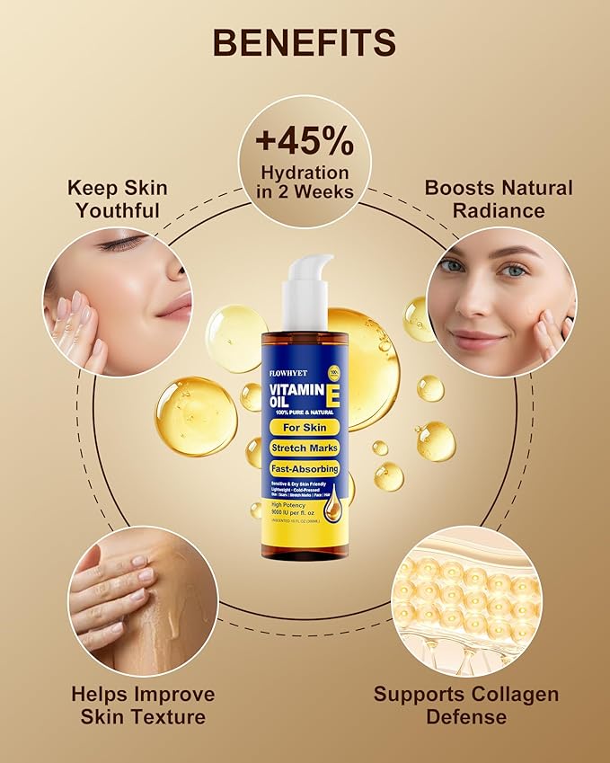 FLOWHYET Pure Vitamin E Oil for Skin 10 fl oz, Organic Lightweight Vitamin E Oil for Scar, Stretch Marks, Fast-Absorbing Body Oil Moisturizing and Firming Skin, Cold Pressed-300ml