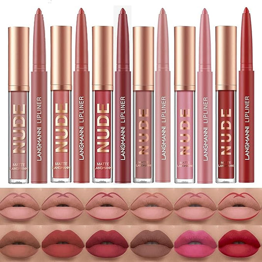 LANGMANNI 6 Matte Lipstick with 6 Lipliners Durable Makeup Set,Long-Lasting Non-Stick Cup Not Fade Waterproof Pigmented Velvet Lipgloss Kit Beauty Cosmetics Makeup Gift for Girls (#C)