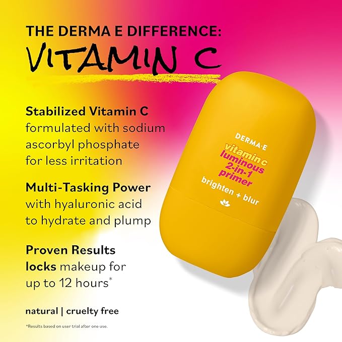 DERMA E Face Primer, Vitamin C Luminous 2-in-1 Brighten & Blur Primer, 1 Fl Oz, Stabilized Vitamin C, Hyaluronic Acid & Aloe Vera, Blurs Appearance of Pores, Wear Under Makeup for All Day Hold