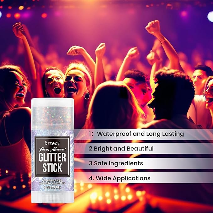 Brzeaf Waterproof Mermaid Glitter Stick, Shimmery& Long Lasting, Christmas Hair Eyeshadow Face Body Glitter, Singer Concert Music Rave Festival, Glitter Stick Makeup & Face Glitter Gel for Women Men