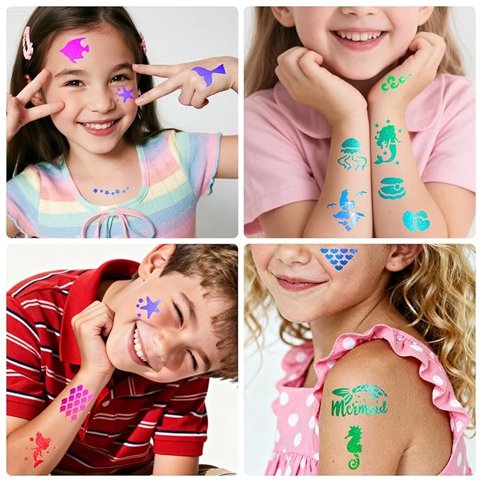 Mermaid Temporary Tattoo Markers for Kids, 8 Metallic Body Markers + 141 Large Face Paint Tattoo Stencils for Girls Boys Teens Adults Women Cosmetic Tattoos Pens DIY Body Art Set Party Favor
