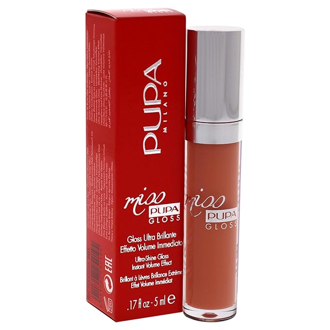 Pupa Milano Miss Pupa Gloss Lip Gloss - Ultra Shiny Gloss - Delivers Immediate Volume Effect - Soft Gel Texture Glides Smoothly on Lips without Stickiness - 201 Tender Apricot - 0.17 Oz