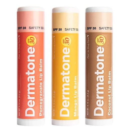 Dermatone Lip Balm Fruit Variety Pack | Moisturizing Lip Care | Soothes & Heals Dry, Chapped Lips | SPF 30 | Aloe, Tea Tree Oil | 3-Pack (Coconut, Mango, Green Tea)