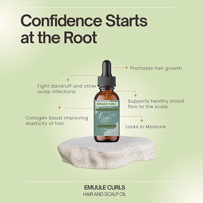 Emuulé Curls - Hair and Scalp Oil, 2 oz, Deep Moisturizer with Avocado and Pumpkin Seed Oil. 100% Natural Ingredients, Sustainable Glass Bottle (2 Ounce, Rosemary & Lavender)