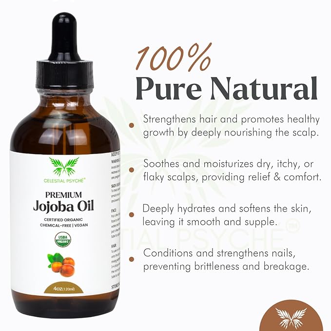 Celestial Psyché USDA Certified Organic Jojoba Oil (4 Oz) 100% Pure Natural, Chemical-Free, Hexane-Free, Hair Growth, Scalp Care, Skin Hydration, Nails Natural Beauty Enhancement, Anti-Aging