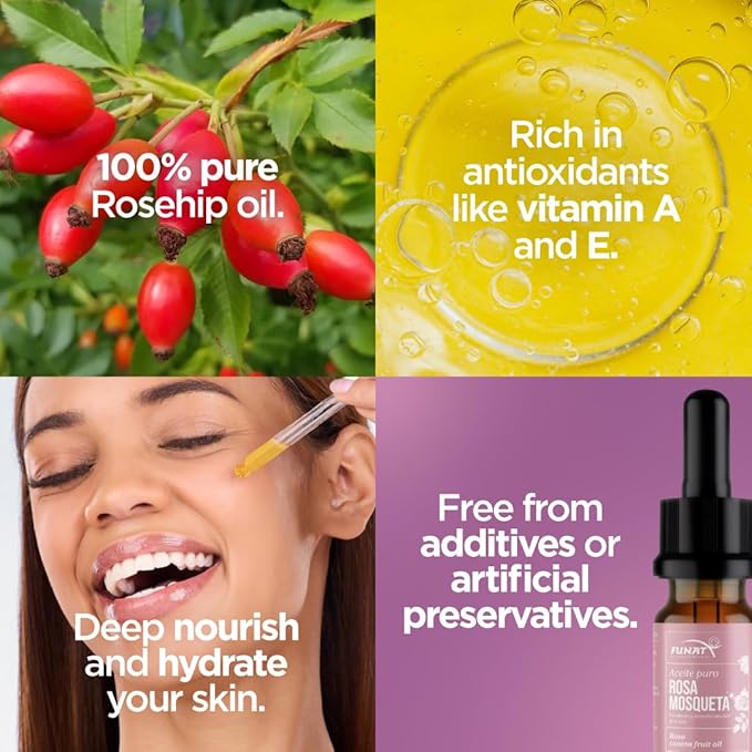 FUNAT 100% Pure Rosehip Oil –Facial & Skin Moisturizer – 0.3 FL OZ | Aceite de Rosa Mosqueta Puro
