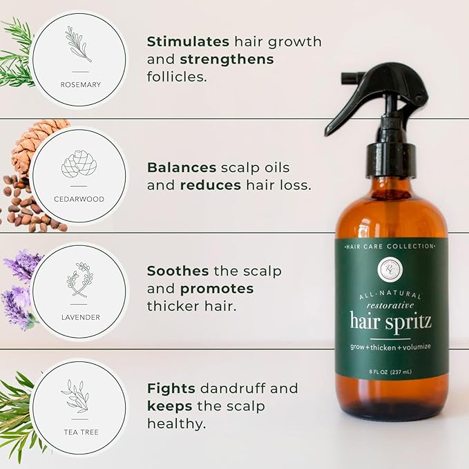 Rowe Casa Organics Natural Restorative Hair Spritz with Witch Hazel & Therapeutic Essential Oils, Hand-Crafted Hair Volumizer, Thickener, & Growth Booster, 8 Fl. Oz.