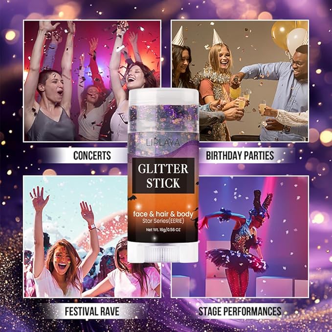 Halloween Body and Face Glitter Stick, Holographic Sparkling Neon Outfit Singer Concert Music Rave Festival Accessories Hair Glitter Gel.(Black & Orange & Purple)