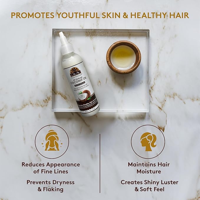 OKAY 100% Pure Coconut Oil for Hair & Skin - Coconut Oil for Women & Men, Perfect for Hair & Body, for Massage & Moisturizer, Natural - 4 fl oz Squeeze Bottle (Pack of 1)