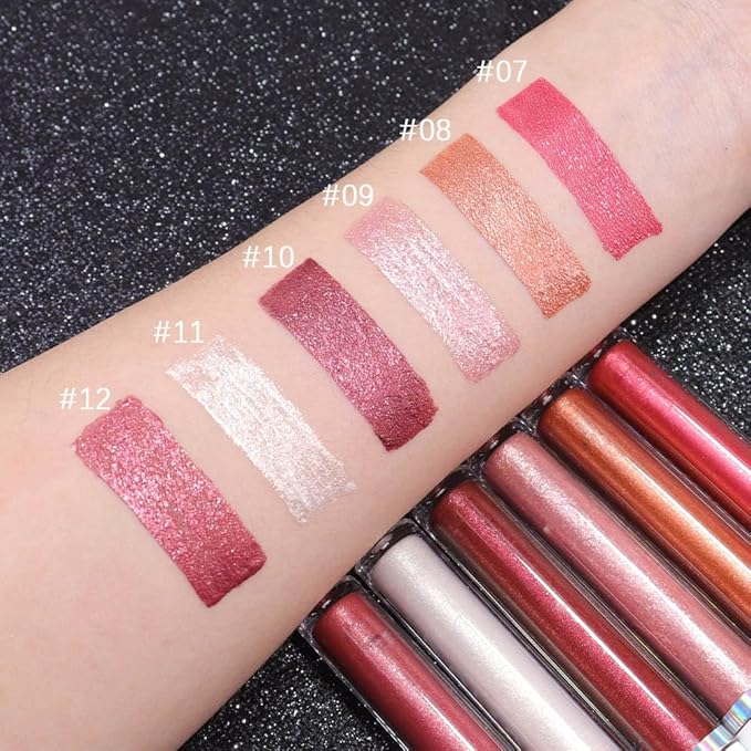 evpct 6Pcs Rose Bronze Gold Nude Pink White Dark Maroon Red Metallic Shimmer Glitter Lip Gloss Liquid Lipstick Set for Women Long Lasting Waterproof 24, Pearlescent Sparkly Glossy Lipsticks Lip Makeup