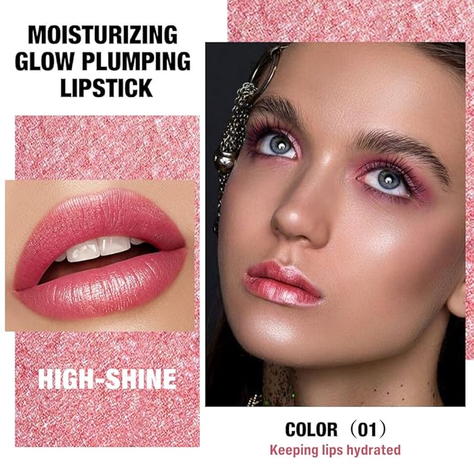 Nude Pink Shimmer Metallic Moisturizing Glow Plumping Lipstick Makeup, Lipstick with Metallic 3D Shine Lightweight Hydrating Formula, Glitter Lip Gloss Stain Long Lasting Waterproof (01#Nude Pink)