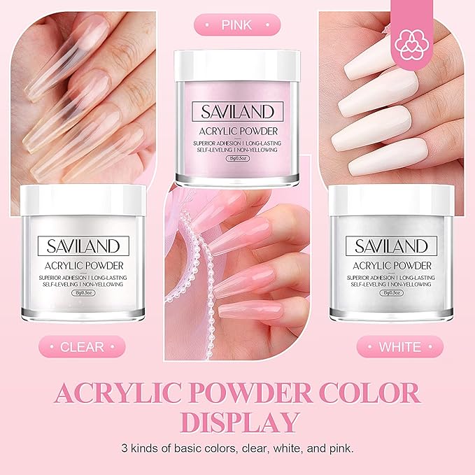 SAVILAND Acrylic Nail Kit Starter Set: Acrylic Nail Kit for Beginners with Everything White Pink Clear Acrylics Powder and Liquid Set #8/10/14 Nail Brush Forms Manicure Tools Home Nail Salon DIY