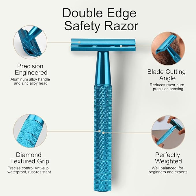 Double Edge Safety Razor with Stand, Single Blade Razors for Men and Women, with 10 Stainless Steel Double Edge Blades, Smooth and Close Shave, Plastic Free, Blue