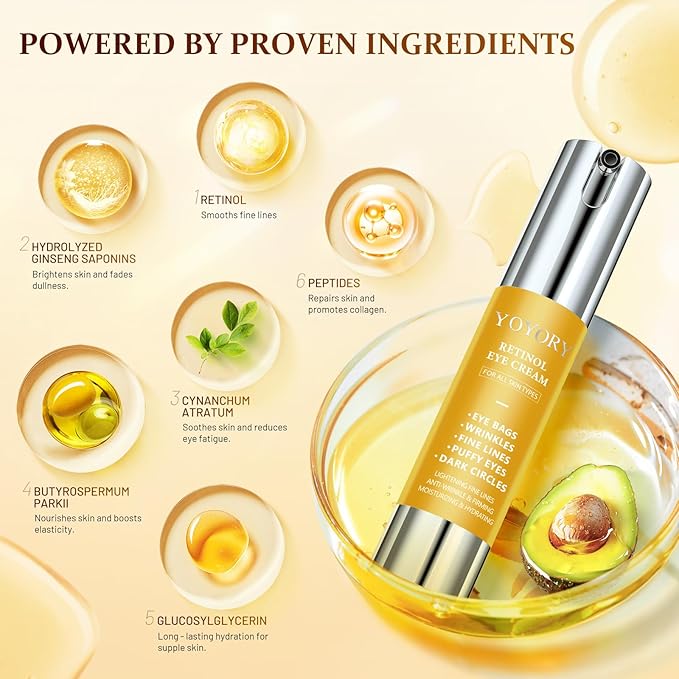 Retinol Eye Cream for Eye Bags - Rapid Under Dark Circles,Wrinkles, Fine Lines, Puffiness | Hydrating Anti-Aging Moisturizer Skin Care, Christmas gifts for Women and men 0.67 fl oz (Gold)