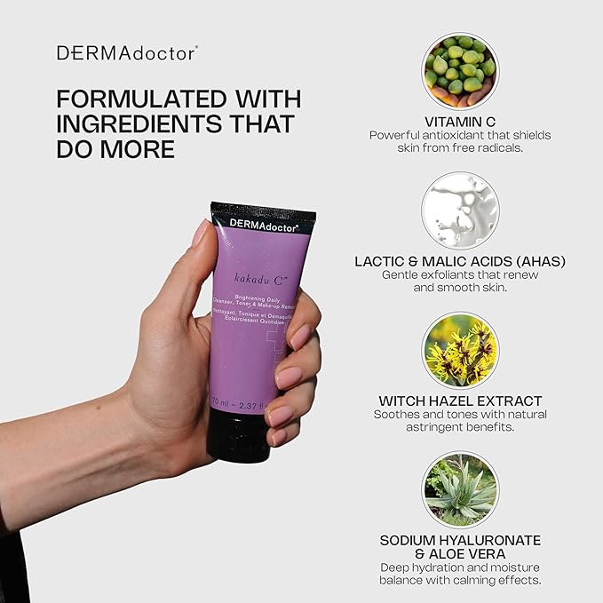 DERMAdoctor Vitamin C Face Wash – Daily 3-in-1 Vitamin C Cleanser & Makeup Remover Face Wash That Tones, Clears Pores, Lifts Oil, and Removes Sunscreen & Pollutants with Potent Kakadu Plum – 7.10 oz