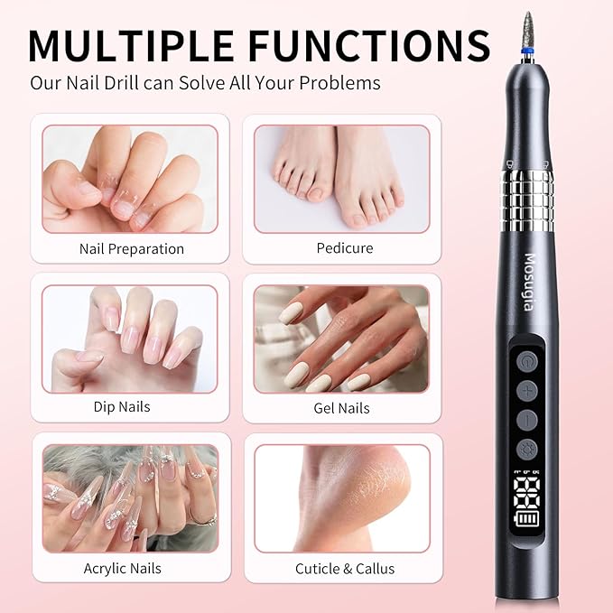 Professional Cordless Nail Drill and UV Light, 35000 RPM Electric Nail File Acrylic Gel Dip Powder Nail Tools, Portable Rechargeable Nail Pedicure Kit for Home & Travel, Gray(KY-9GJ)