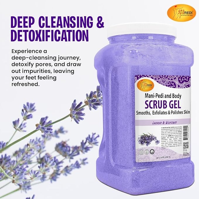 SPA REDI - Exfoliating Scrub Pumice Gel, Lavender and Wildflower, 128 Oz - Manicure, Pedicure and Body Exfoliator Infused with Hyaluronic Acid, Amino Acids, Panthenol and Comfrey Extract
