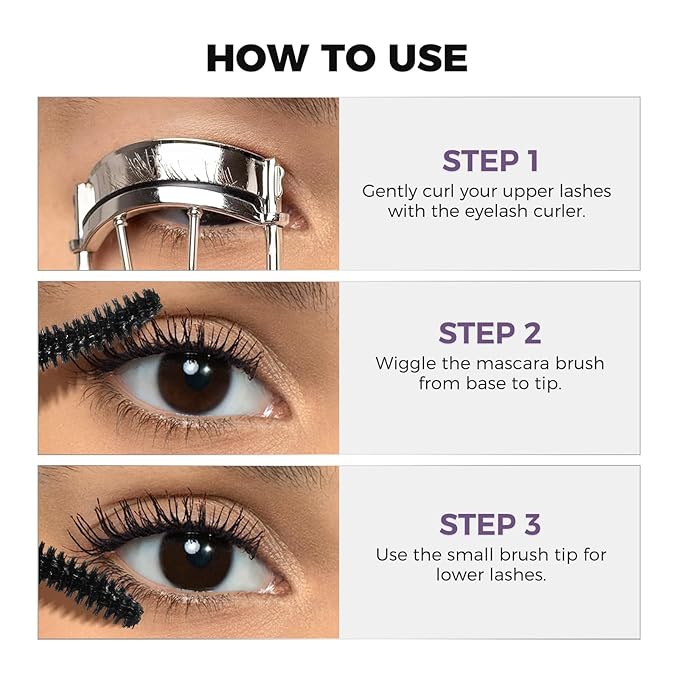 SACE LADY Waterproof Mascara with Lash Curler Volume and Length, Black No Clump Lift Lash Mascara, Lasting Smudge-proof Natural Looking Curl Eye Makeup Set, Cruelty Free, 0.28Oz