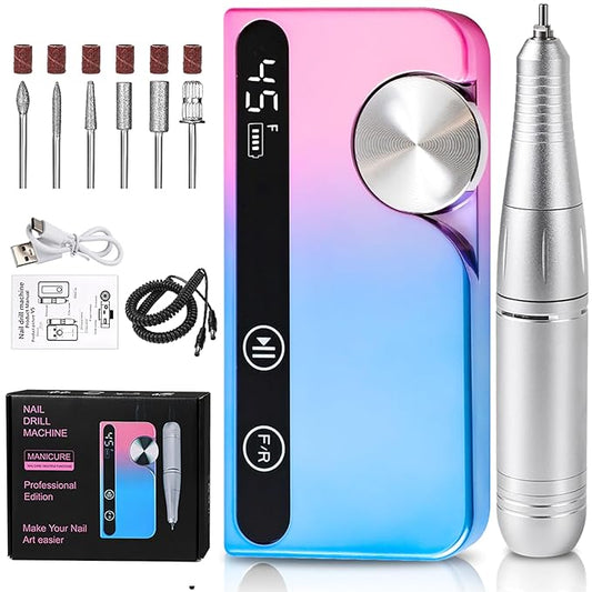 ANRLO Professional Electric Nail Drill, 45000 RPM Cordless Rechargeable E-File Machine, with 12 Bits, Sanding Bands, LCD Display for Acrylic Gel Nails (DMJ-V7-Color-USB)