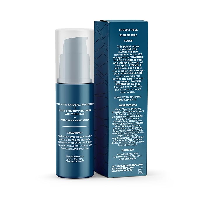 Oars + Alps Vitamin C Serum for Face, Anti Aging Face Serum with Vitamin C, Hyaluronic Acid, and Vitamin E, All Skin Types, Targets Wrinkle, Dark Spots, Lines, Uneven Tone, TSA Friendly, 0.8oz
