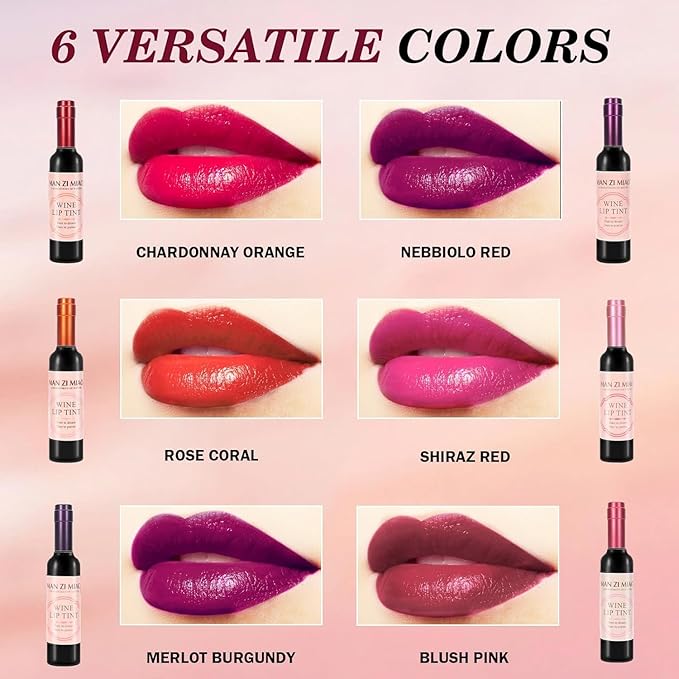 Wine Lip Tint 6 Colors, Waterproof Matte Long Lasting Lip Stain 24 hour, Non-stick Matte Liquid Lipstick, 6 Pcs Wine Bottle Lip Tint Stain, Mini Makeup Christmas Gift Sets for Girlfriends, Women, Moms