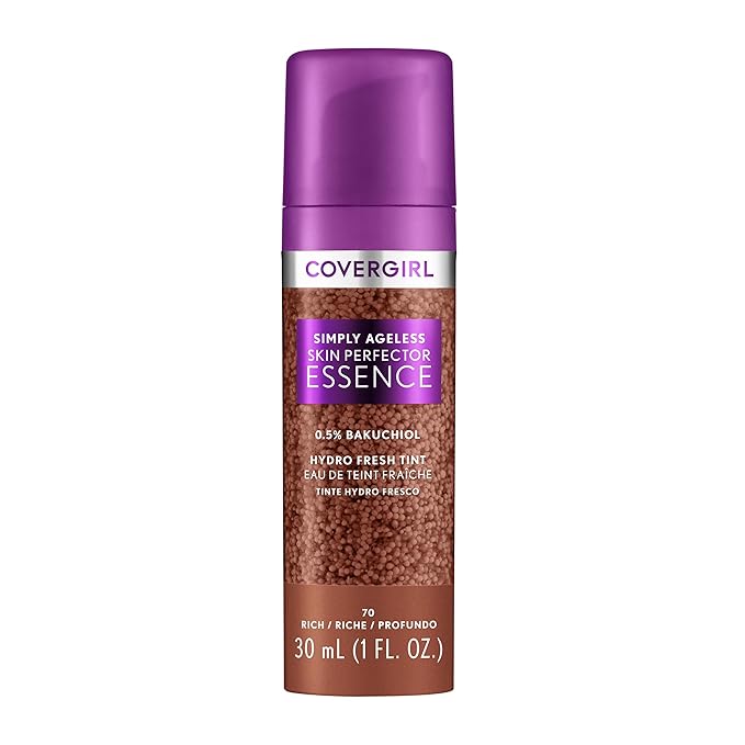 Covergirl Simply Ageless Skin Perfector Essence Foundation, 70 Rich, Tinted Skincare Makeup Hybrid, Sheer Tint, Radiant Finish, Glowy Finish, Vegan Formula, 1.0oz