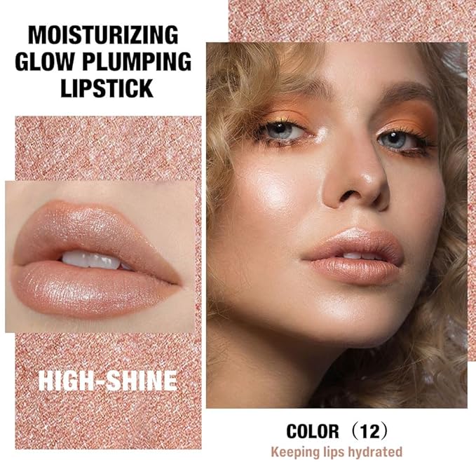 Nude Brown Shimmer Metallic Moisturizing Glow Plumping Lipstick Makeup, Lipstick with Metallic 3D Shine Lightweight Hydrating Formula, Glitter Lip Gloss Stain Long Lasting Waterproof (12#Nude Brown)