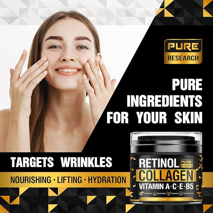 Retinol Face Cream – Natural Anti-Wrinkle Cream – Anti-Aging Facial Moisturizer with Collagen & Hyaluronic Acid - Hydrate, Renew and Protect Your Skin 1.7oz