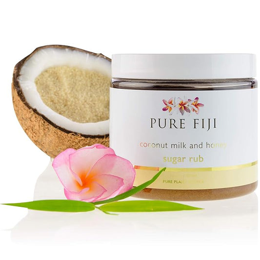Pure Fiji Coconut Sugar Body Scrub - Body Exfoliator Scrub Natural Origin for Smooths and Softens Skin - Organic Exfoliating Sugar Scrub for Body, Coconut Milk and Honey, 15.5 Oz