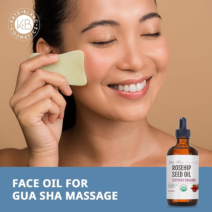 Kate Blanc Cosmetics Rosehip Oil for Face & Softer Glowing Skin (1oz, Organic, 100% Pure, Cold Pressed) Rosehip Seed Face Oil for Facial & Gua Sha Massage