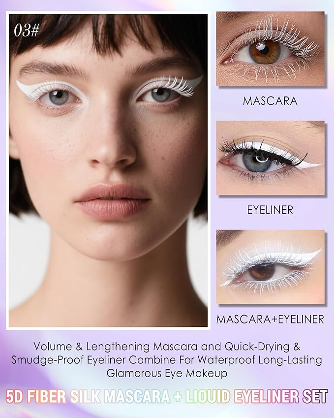 White Mascara Liquid Eyeliner Set, Update Longlasting Waterproof Color Eye Liner Pen, 5D Silk Fiber Colored Mascara Volume and Length, Christmas Party Stage Use Eye Makeup Gift Kit for Women Girl-03