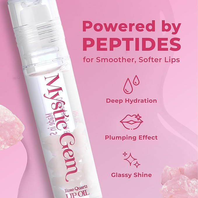 The Beauty Spy Mystic Gemstone Lip Oil, Moisturizing & Hydrating Lip Gloss - Non Sticky, Plumping Lip Oil for Dry Lips (Pink Quartz)