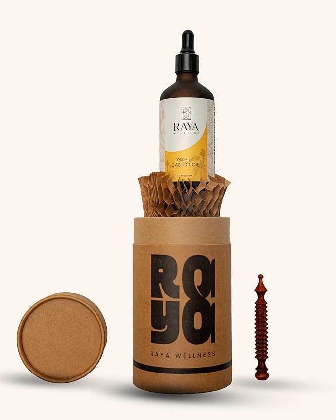 RAYA WELLNESS - USDA Organic Castor Oil with Organic Cotton Knee Pack - Glass Bottle - 3.4 fl oz (100 ml)