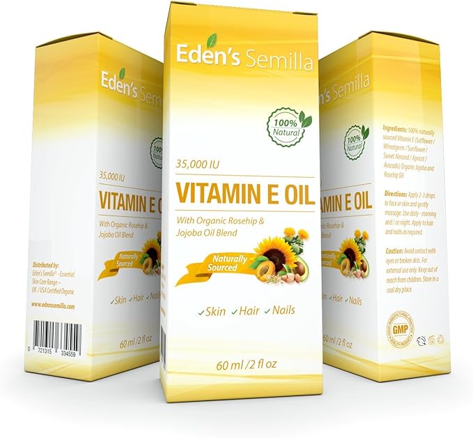 100% Plant Extract Vitamin E Oil 35,000 IU + Organic Rosehip & Jojoba Blend - Fast Absorbing Skin Protection for Face & Body. Pure Ingredients - Ideal for Sensitive Skin - Use Daily