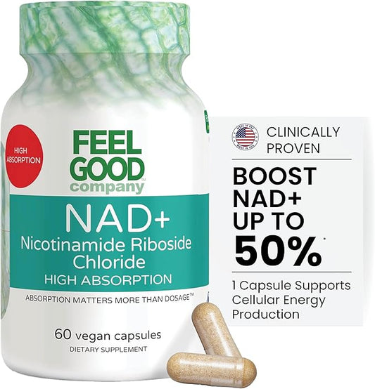 Feelgood Company NAD+ Supplement - Anti-Aging & Cellular Energy Support - Supports Energy, Cognitive Function & Cellular Health - 60 Capsules - NAD+ Precursor