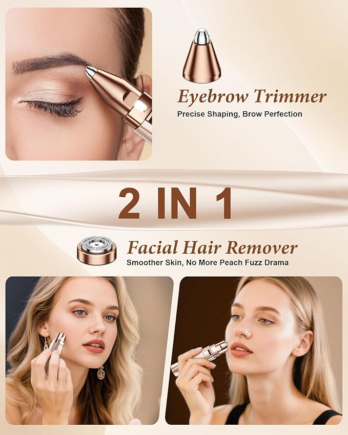 Eyebrow Trimmer Facial Hair Removal for Women: 2 in 1 Rechargeable Face Shaver and Eyebrow Razor - Painless Electric Hair Remover Device for Peach Fuzz Fine Hairs Upper Lip Chin