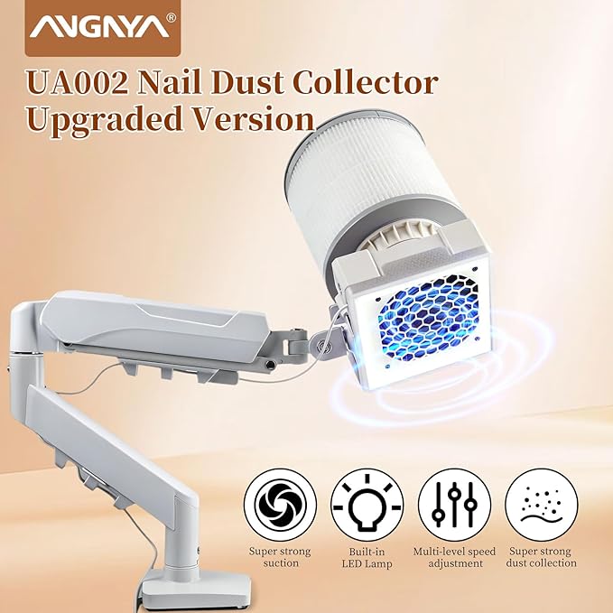 ANGNYA Professional Nail Dust Collector, Super Strong Suction and Built-in LED Lamp, Nail Fan Vacuum Dust Collector with Universal Table Mount for Nail Techs and Salon, UA002 V1.5