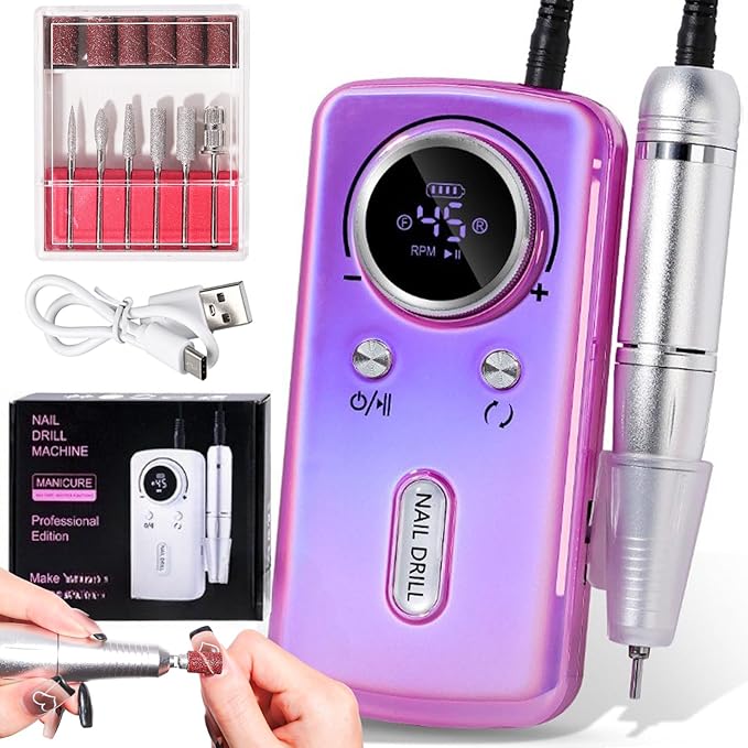 ANRLO Professional Electric Nail Drill, 45000 RPM Cordless Rechargeable E-File Machine, with 12 Bits, Sanding Bands, LCD Display for Acrylic Gel Nails (DMJ-V1-Purple)
