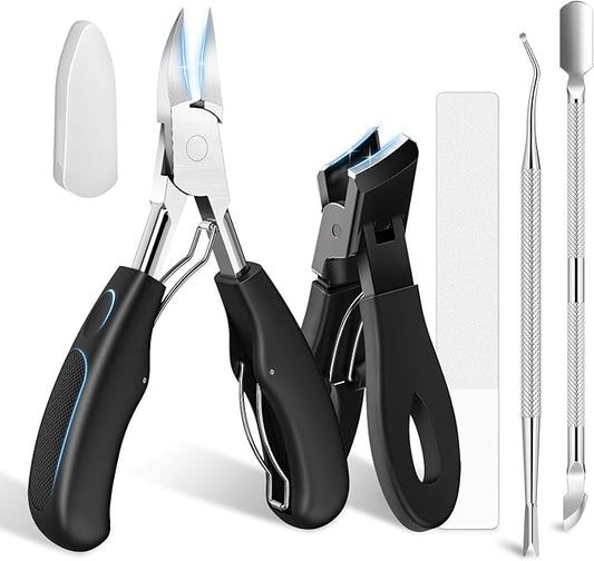 5-in-1 Professional Ingrown Toenail Tools Kit, Wide Jaw Slanted Nail Clippers & Heavy Duty Toenail Cutter Set for Seniors, Pedicure Manicure Tools for Thick or Ingrown Nails