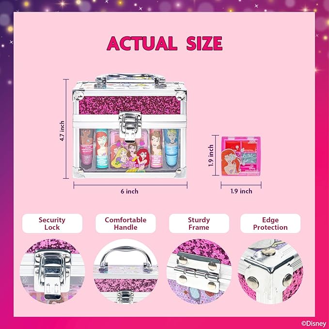Disney Princess Beauty Mini Train Case Set Includes Lip Gloss Tube, Lip Balm, Lip Gloss Compact for Girls Party, Sleepovers by Townley Girl