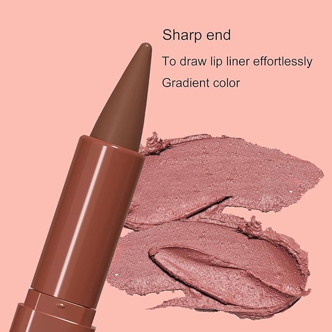 2-in-1 Gradient Brown Lip Liner & Lipstick, Dark Brown Waterproof Long Lasting Matte Lip Liner Pencil, Makeup Smudge proof lip liner with Cone Tip (01#-Warm Brown)