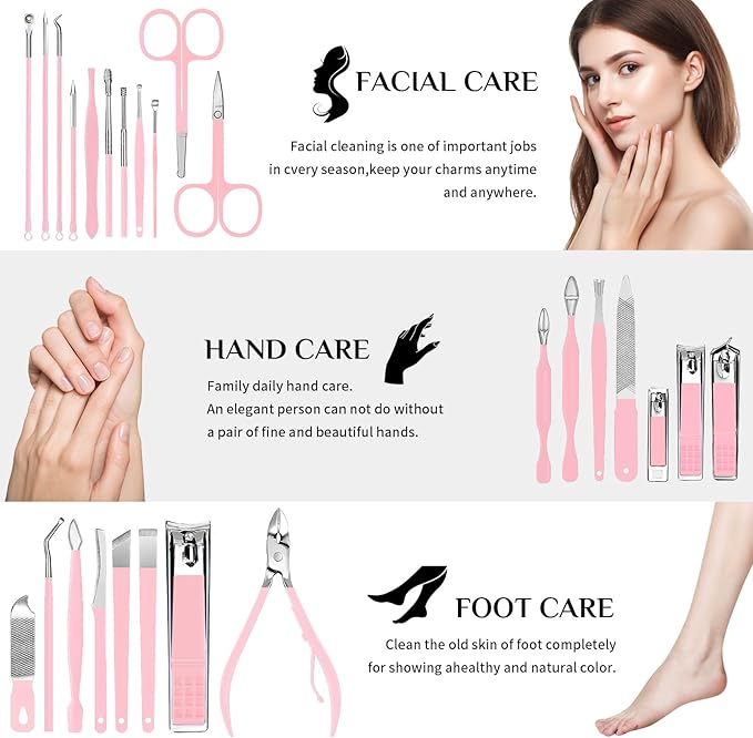26-Piece Professional Manicure Set (Pink)，Features Stainless Steel Tools, Carbon Steel Clippers & Travel Case for Women's Home and Travel Grooming，Luxury Nail Care Gift for Her.