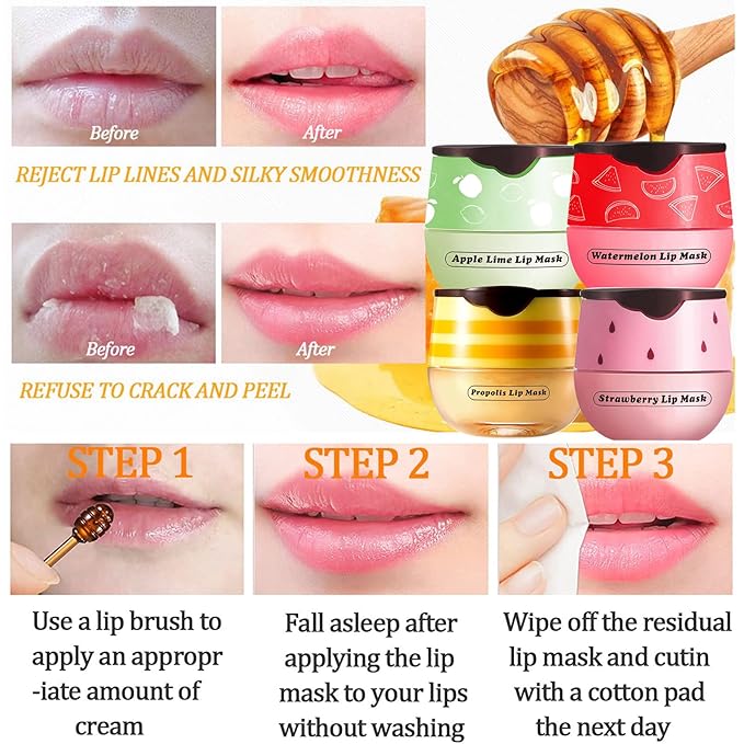 Honey Lip Balm Pot, 4 Pcs Honey & Strawberry & Apple Lime & Watermelon Lip Mask Propolis Lip Mask Moisturizing Hydrating Prevention Dry and Cracked Lip Scrubs Exfoliator