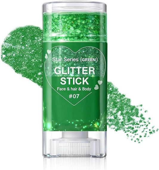 Green Body Glitter Stick, Face Body Glitter Gel Holographic Hair Glitter Halloween Chunky Sequin Waterproof Face Paint Stick Glitter Makeup for Kids and Women